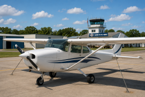 Training aircraft parked at a flight school airport.