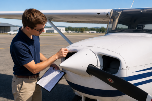 Pilot performing a preflight inspection on a single-engine training airplane.